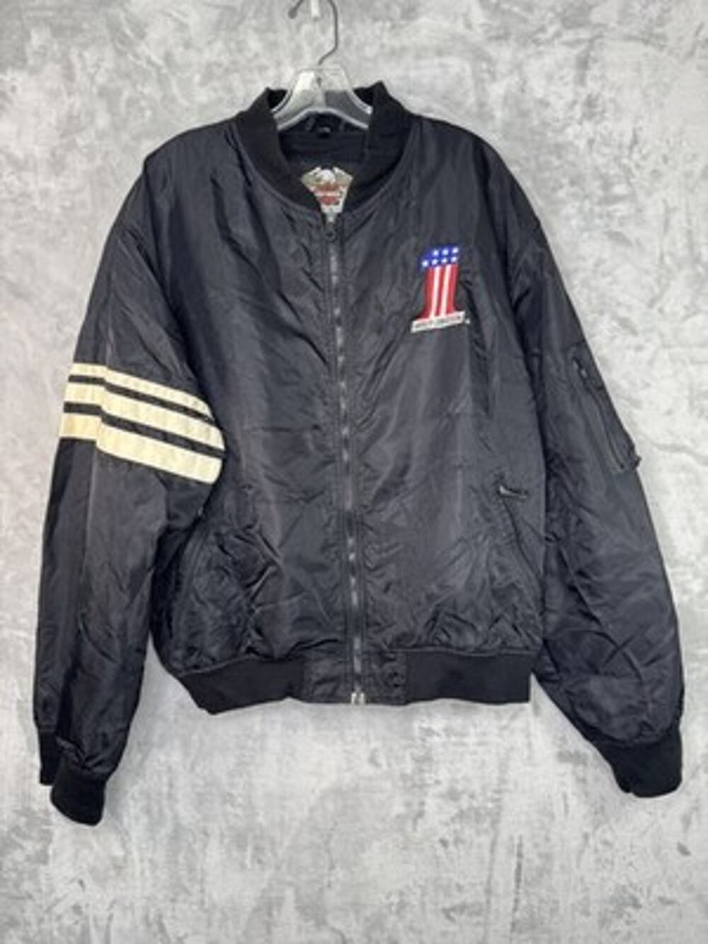 Vintage Harley-Davidson Jacket Mens Large Black Bomber USA Flag 98466-05V